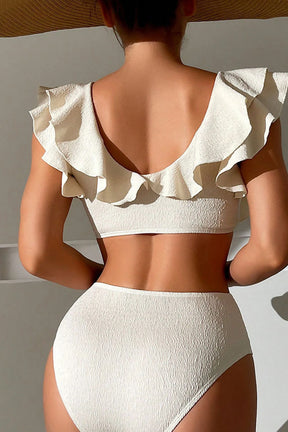 Beige Textured Ruffled Square Neck High Waist Tankini Swimsuit