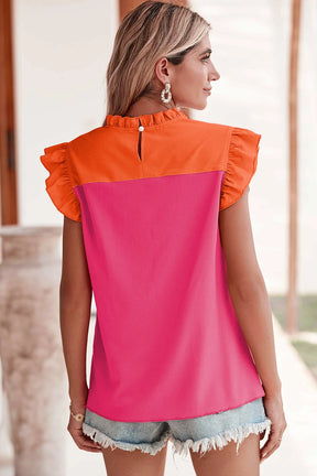 Orange Color block Splicing Pleated Ruffle Trim Blouse