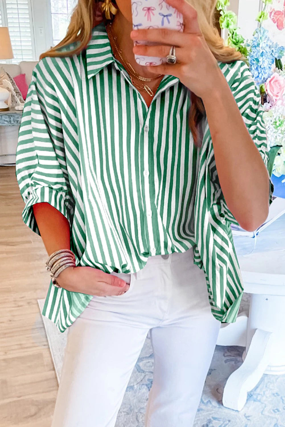 Stripe Dolman Sleeve Oversized Blouse