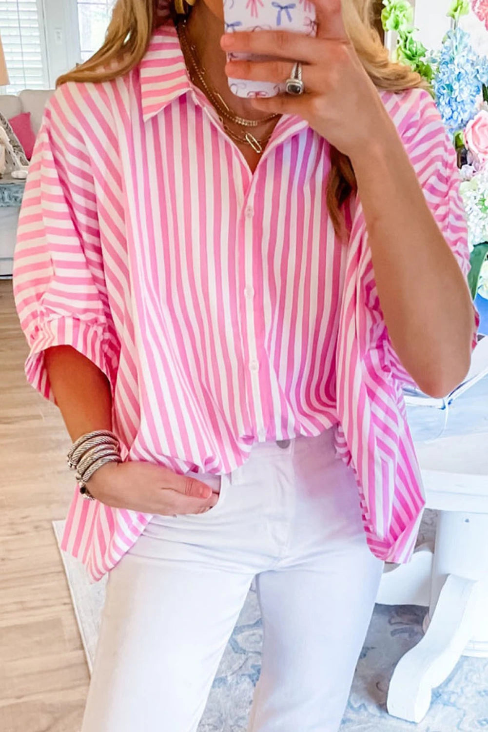 Stripe Dolman Sleeve Oversized Blouse